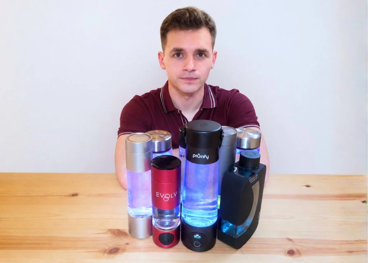Jeremiah Kowalski with tested hydrogen water bottles
