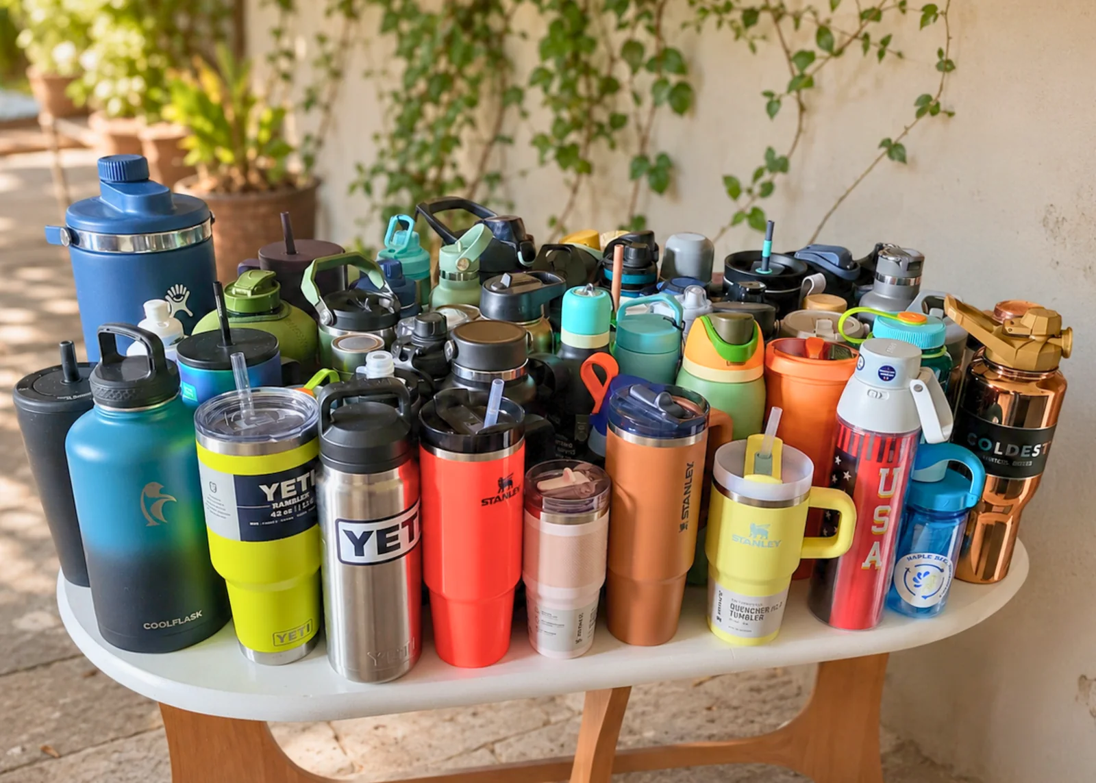 A collection of reusable water bottles arranged on a table for Water Bottle Advisor testing.