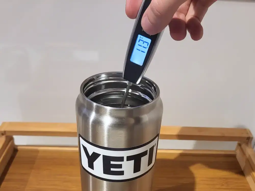 Water bottle temperature being measured during an insulation test