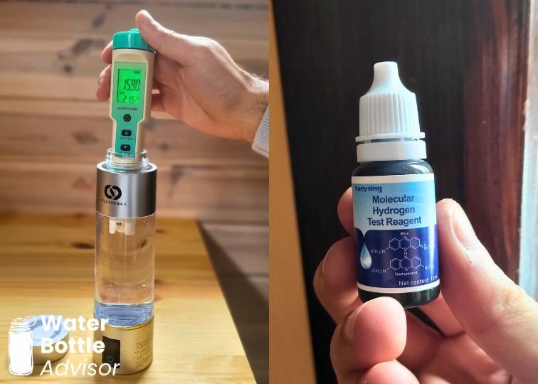 Hydrogen meter and molecular hydrogen reagent drops used to test hydrogen water bottle output