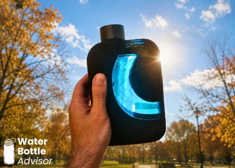 Piurify Flask hydrogen water bottle being held outdoors with blue light visible inside