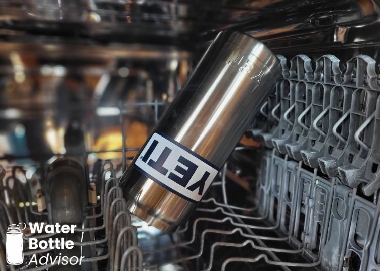 YETI Rambler 26 oz bottle placed in a dishwasher for cleaning