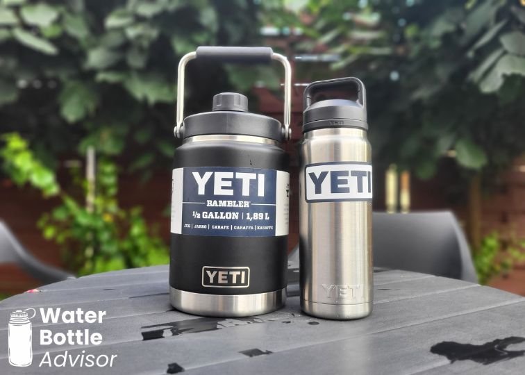 YETI Rambler 26 oz bottle and YETI Rambler 64 oz jug shown side by side outdoors