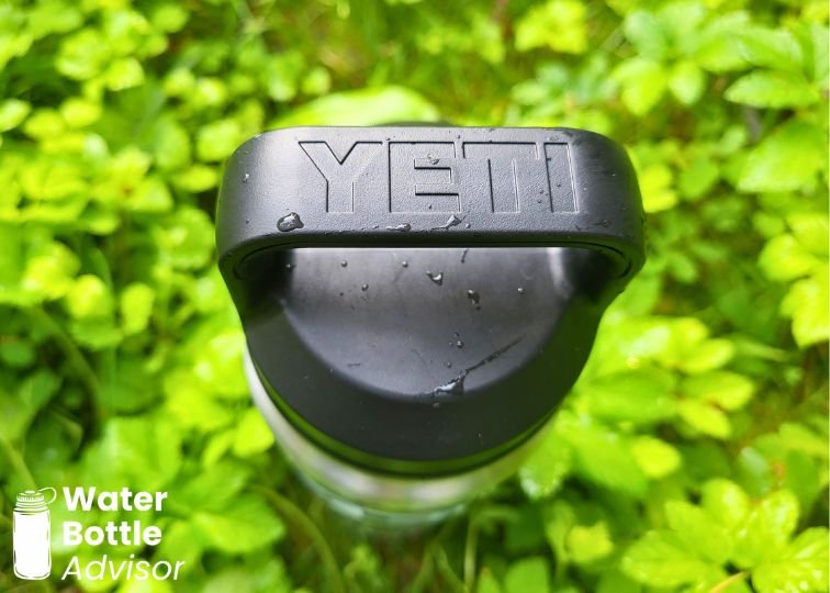 Close-up of the YETI Rambler bottle chug cap showing the YETI logo