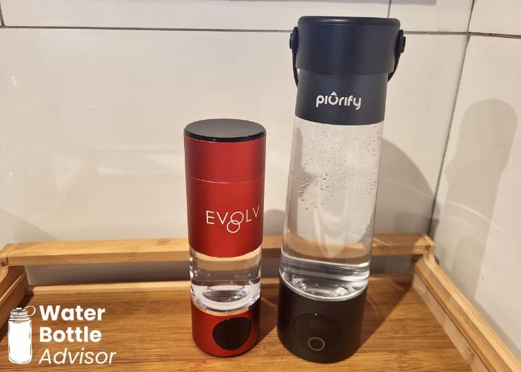 EVOLV hydrogen water bottle next to the larger Piurify Hydrogenator bottle for size comparison