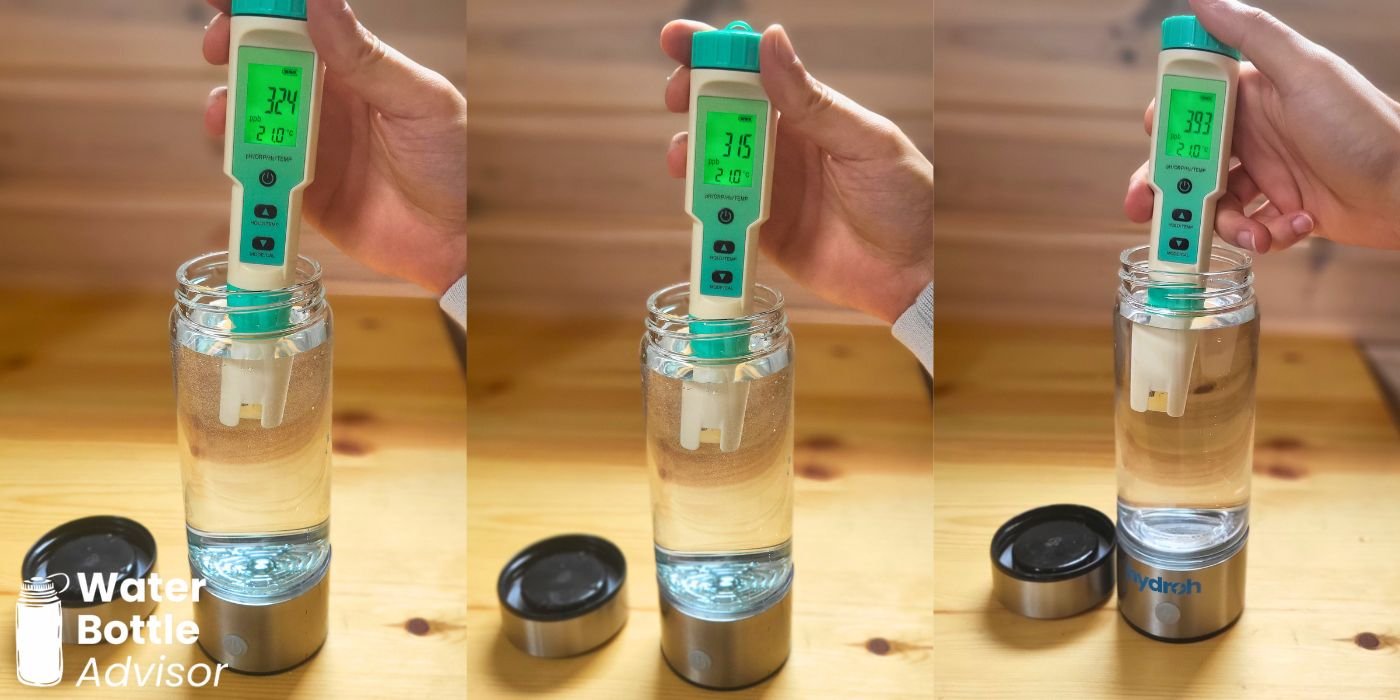 Three generic hydrogen water bottles tested with a hydrogen meter showing low hydrogen output