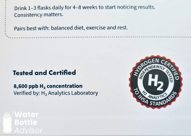 Piurify Flask certificate showing 8,600 ppb hydrogen concentration verified by H2 Analytics Laboratory