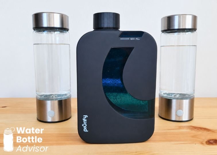 Piurify Flask hydrogen water bottle next to two generic hydrogen bottles for comparison