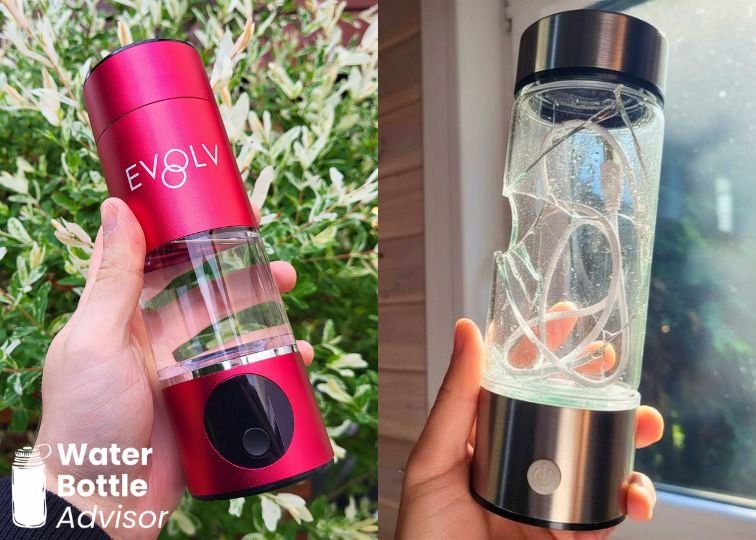 Plastic polycarbonate hydrogen water bottle compared with a broken glass hydrogen water bottle