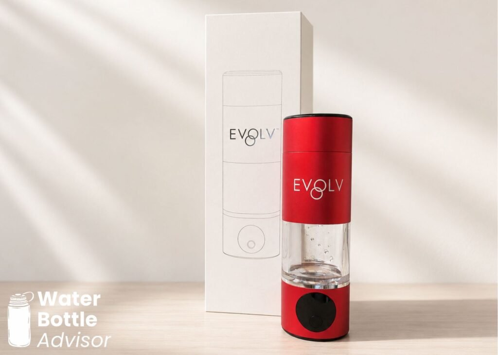 EVOLV hydrogen water bottle standing next to its white packaging in a minimalist indoor setting with sunlight