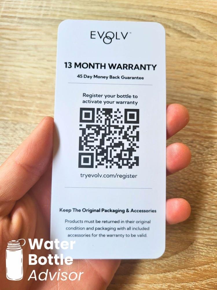 EVOLV hydrogen water bottle warranty card with QR code for product registration