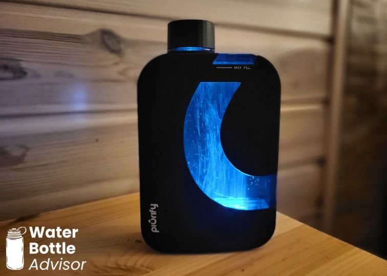 Piurify Flask hydrogen water bottle glowing blue during the hydrogen generation cycle