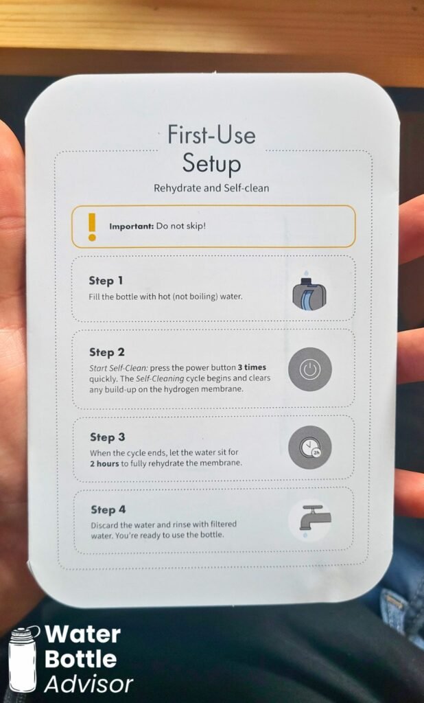 Piurify Flask hydrogen water bottle first-use setup instructions for rehydrating and self-cleaning