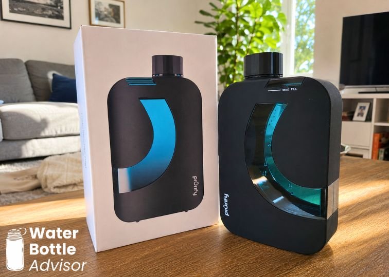 Piurify Flask hydrogen water bottle displayed next to its retail packaging box