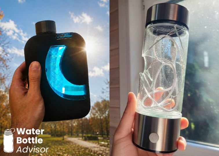 Durability comparison between the plastic copolyester Piurify Flask hydrogen water bottle and a shattered generic glass hydrogen water bottle