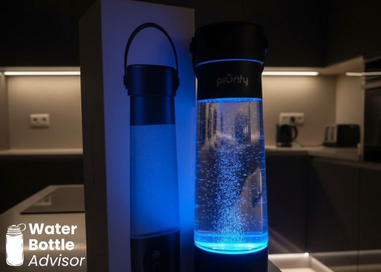 Piurify Hydrogenator hydrogen water bottle glowing blue while producing hydrogen bubbles