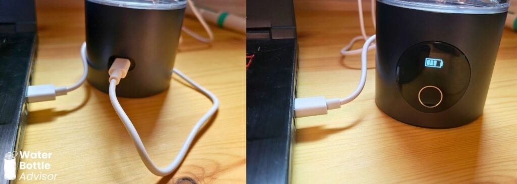 Piurify Hydrogenator hydrogen water bottle charging with a USB cable connected to the charging port