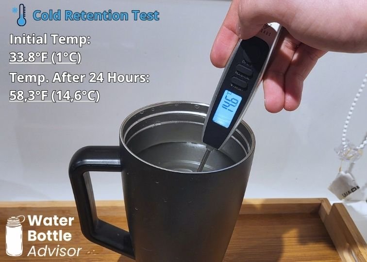 BrüMate Era 30 oz tumbler tested with a thermometer for cold retention after 24 hours