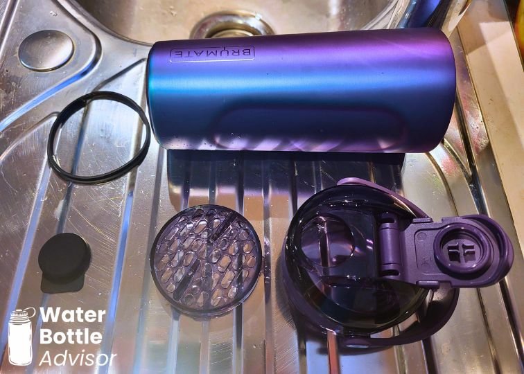 BrüMate MultiShaker bottle disassembled into five parts for cleaning