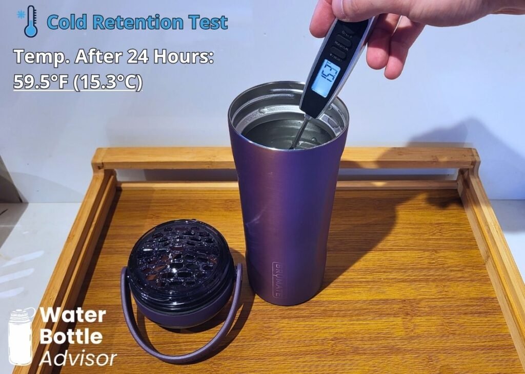 BrüMate MultiShaker bottle tested with a thermometer for cold retention after 24 hours