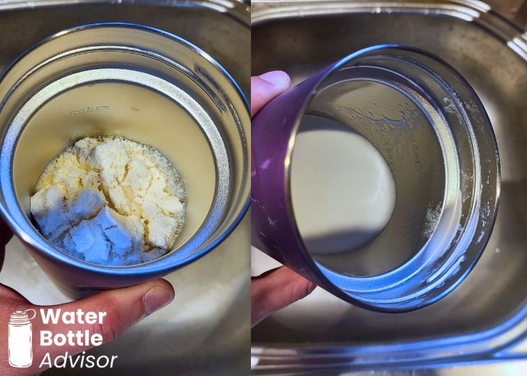 BrüMate MultiShaker bottle showing liquid after shaking during a mixing test
