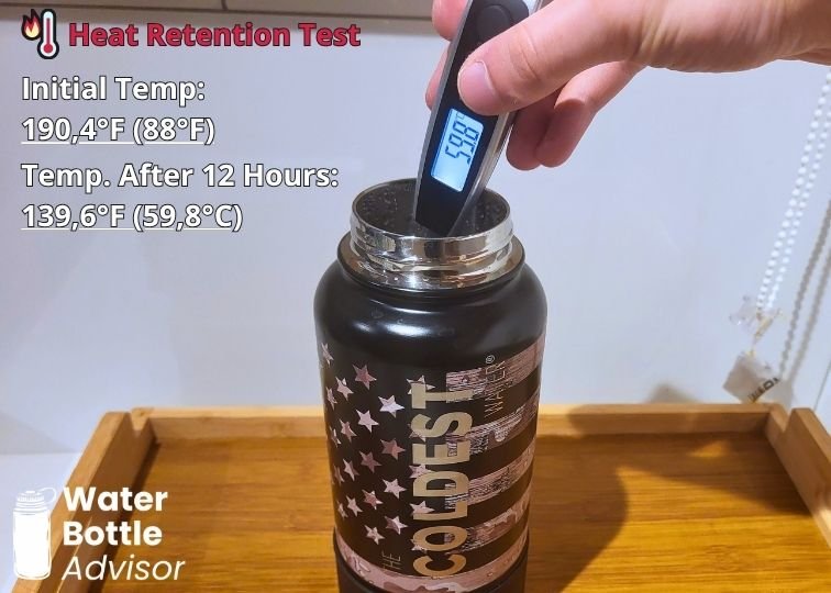 Coldest 32 oz black water bottle tested with a thermometer for heat retention after 12 hours