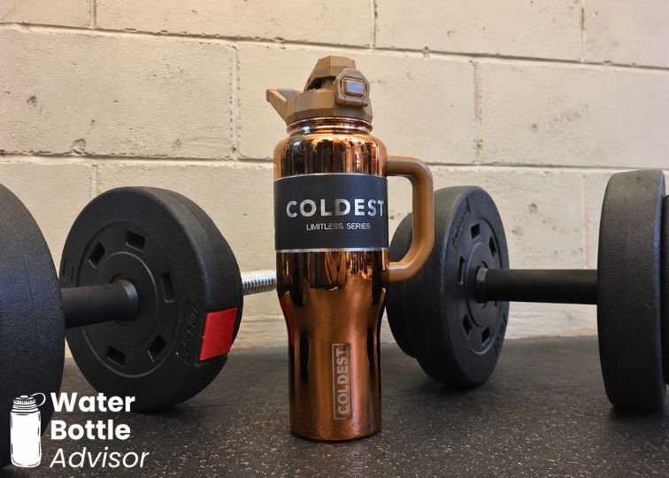 Coldest 36 oz tumbler standing in a gym next to dumbbells