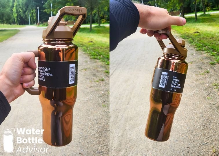 Coldest Tumbler 36 oz being carried by the side handle and lid handle outdoors