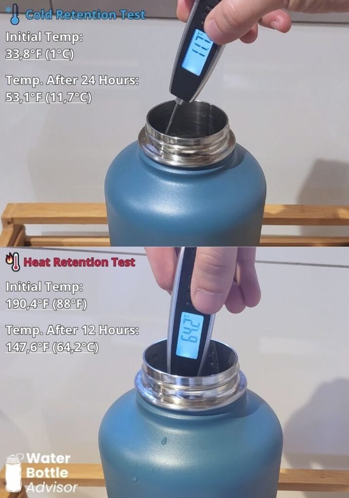 Coolflask 64 oz blue water bottle tested with a thermometer for cold retention after 24 hours and heat retention after 12 hours