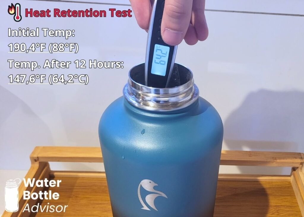 Coolflask 64 oz blue water bottle tested with a thermometer for heat retention after 12 hours