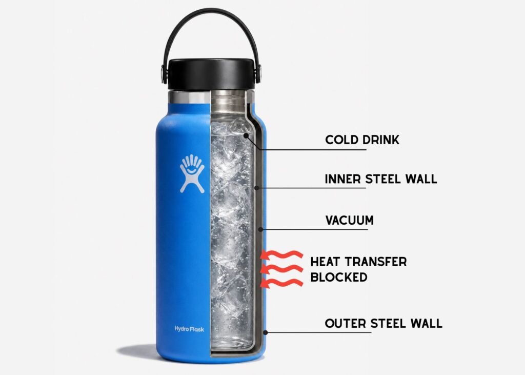 Cutaway diagram of an insulated water bottle showing the inner steel wall, vacuum layer, outer steel wall, and blocked heat transfer