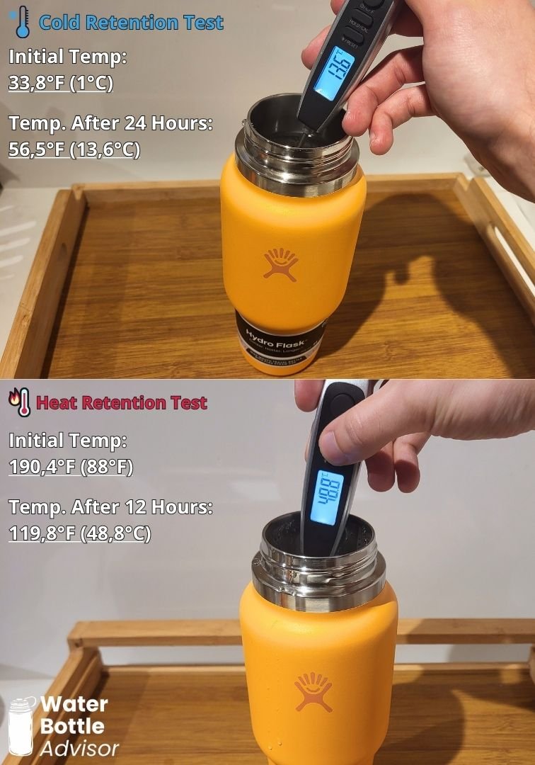 Hydro Flask 24 oz orange travel bottle tested with a thermometer for cold retention after 24 hours and heat retention after 12 hours