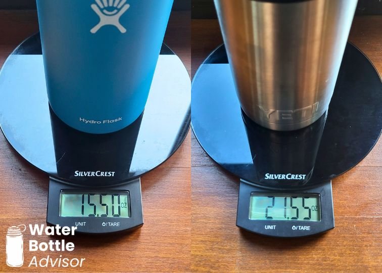 Hydro Flask 32 oz and YETI Rambler 26 oz bottles on a kitchen scale showing their empty weights