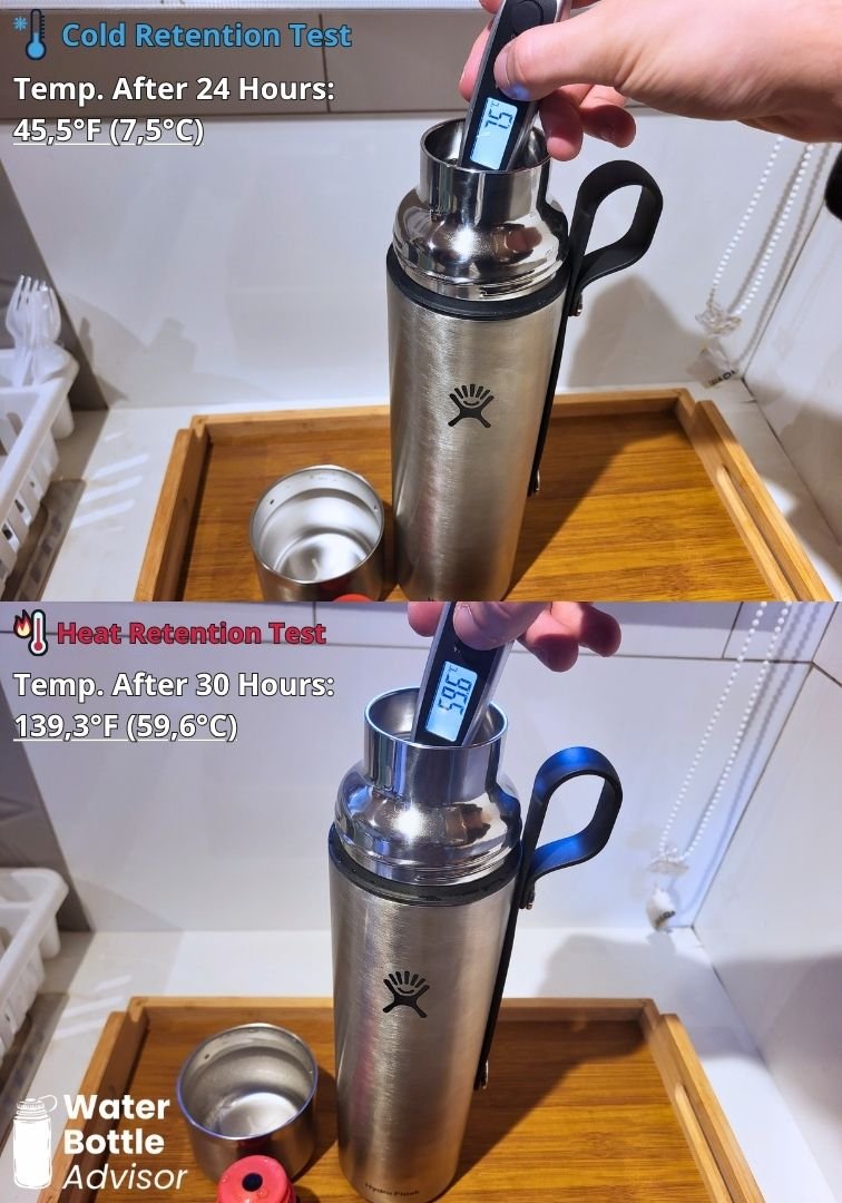 Hydro Flask Hot Flask & Cup 36 oz tested with a thermometer for cold retention after 24 hours and heat retention after 30 hours