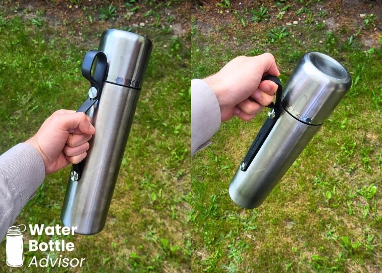 Hydro Flask Hot Flask & Cup 36 oz being carried by the side handle and loop outdoors