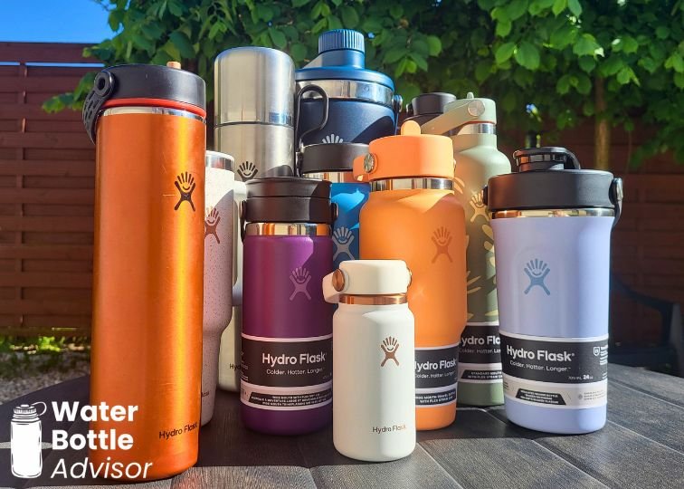 Hydro Flask product lineup with multiple bottles and tumblers in different sizes and colors