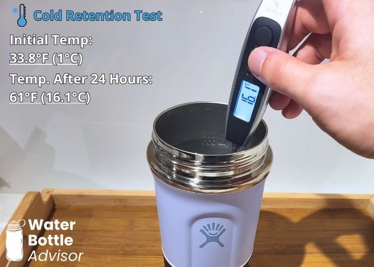 Hydro Flask Shaker bottle tested with a thermometer for cold retention after 24 hours