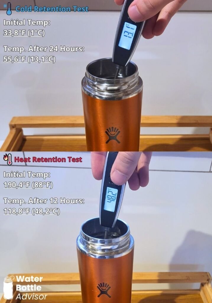 Hydro Flask Trail Series Lightweight 24 oz bottle tested with a thermometer for cold retention after 24 hours and heat retention after 12 hours
