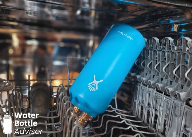 Hydro Flask Wide Mouth 32 oz bottle placed upside down in a dishwasher rack