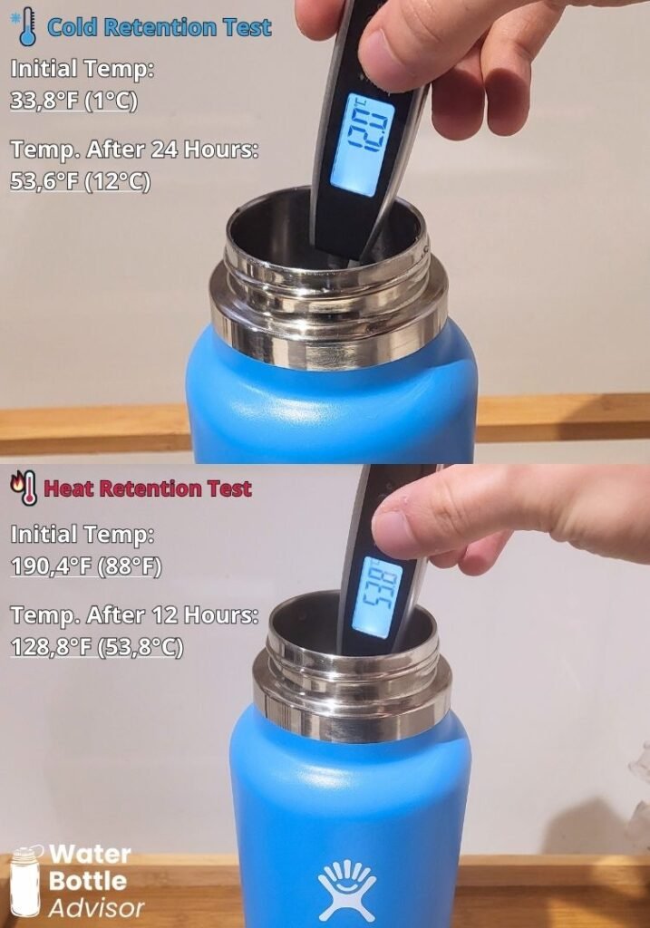 Hydro Flask Wide Mouth 32 oz cold and heat retention test showing temperature results after 24 and 12 hours