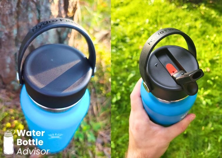 Hydro Flask Wide Mouth 32 oz shown with the Flex Cap and Flex Straw Cap to compare interchangeable lids