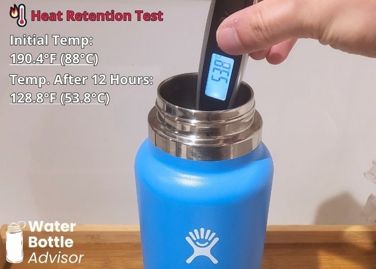 Hydro Flask Wide Mouth 32 oz heat retention test showing hot water dropping from 190.4°F to 128.8°F after 12 hours