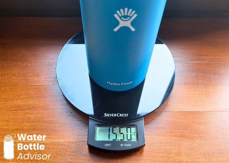 Hydro Flask Wide Mouth 32 oz bottle on a kitchen scale showing a weight of 15.50 oz