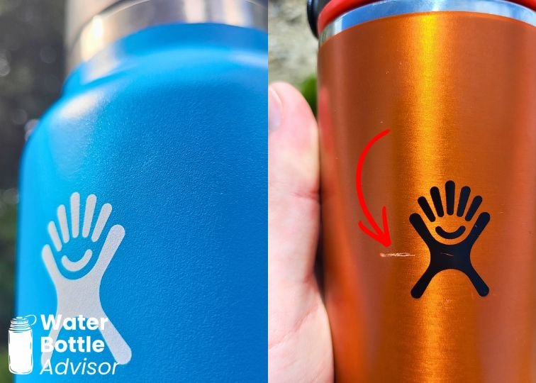 Side-by-side close-up of a Hydro Flask Wide Mouth bottle and Hydro Flask Trail Series bottle showing a scratch on the Trail Series finish