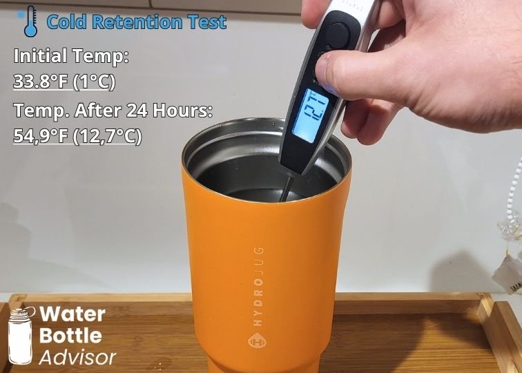 HydroJug Sport Tumbler 32 oz tested with a thermometer for cold retention after 24 hours