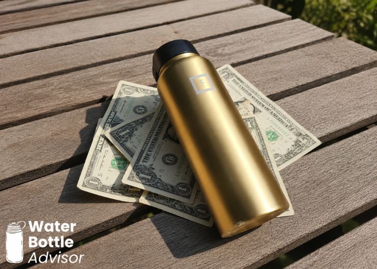 Iron Flask 40 oz bottle lying on a small pile of U.S. one-dollar bills on a wooden table