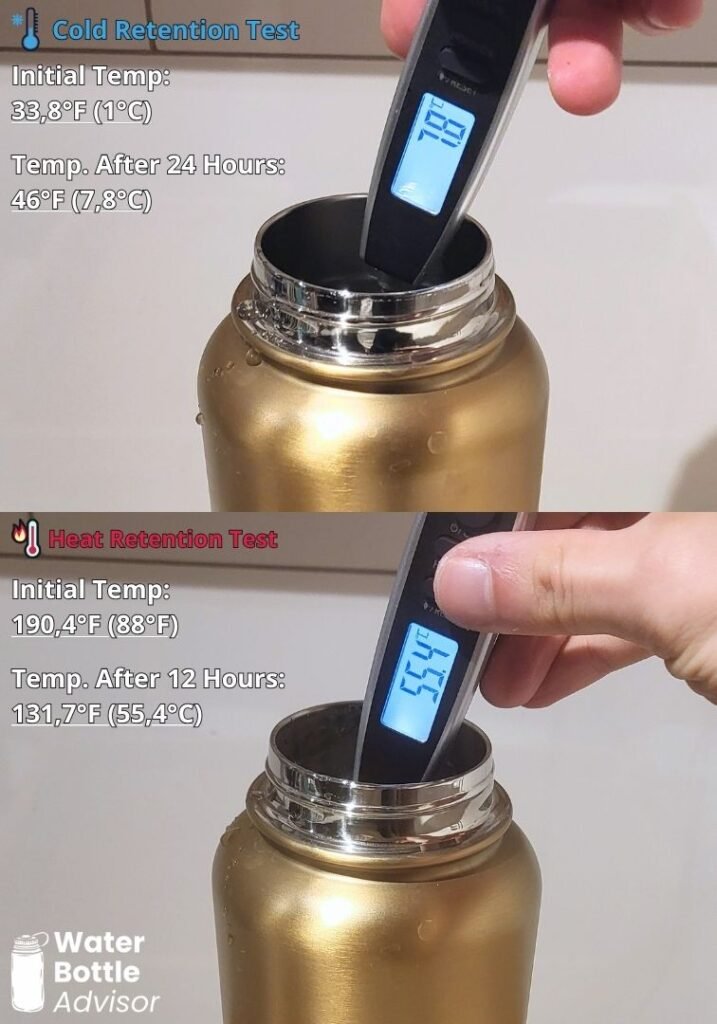 Iron Flask 40 oz cold and heat retention test showing temperature results after 24 and 12 hours