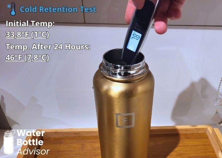 Iron Flask 40 oz gold water bottle tested with a thermometer for cold retention after 24 hours