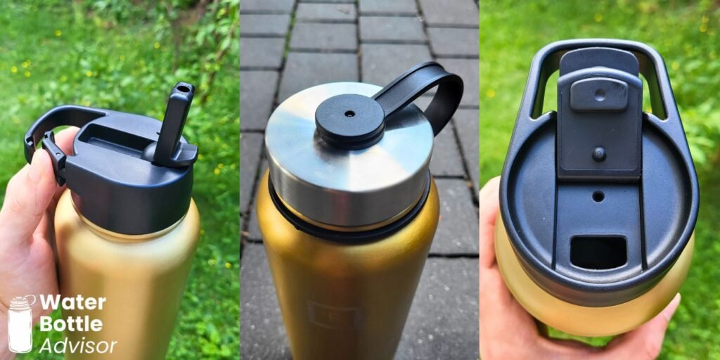 Iron Flask 40 oz bottle shown with three different lid options, including straw, screw cap, and spout lids