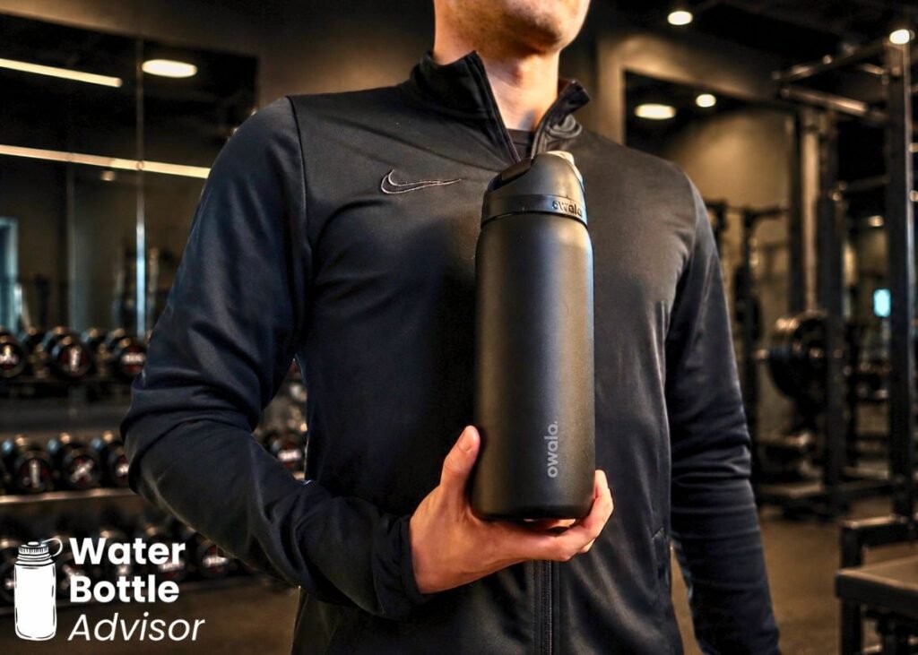 Jeremiah Kowalski holding the Owala FreeSip 32 oz bottle in a gym